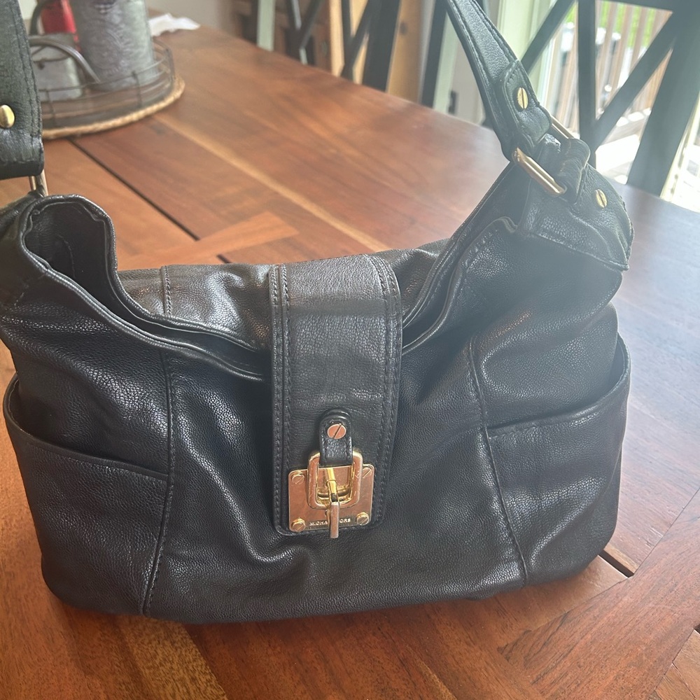 Michael Kors Black Leather Shoulder Bag with Gold Accents